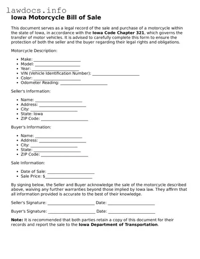 Blank Motorcycle Bill of Sale Template for the State of Iowa