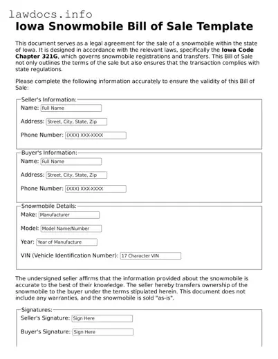 Blank Snowmobile Bill of Sale Template for the State of Iowa