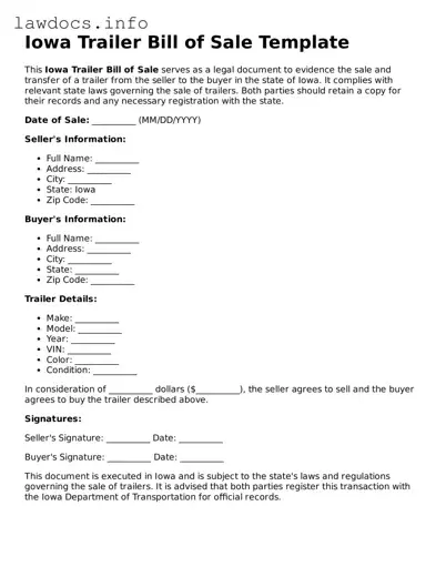 Blank Trailer Bill of Sale Template for the State of Iowa