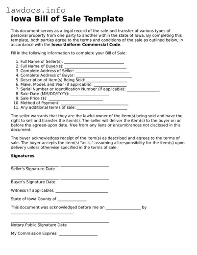 Blank Bill of Sale Template for the State of Iowa