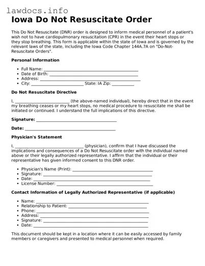 Blank Do Not Resuscitate Order Template for the State of Iowa