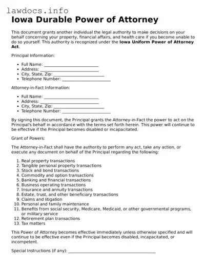 Blank Durable Power of Attorney Template for the State of Iowa