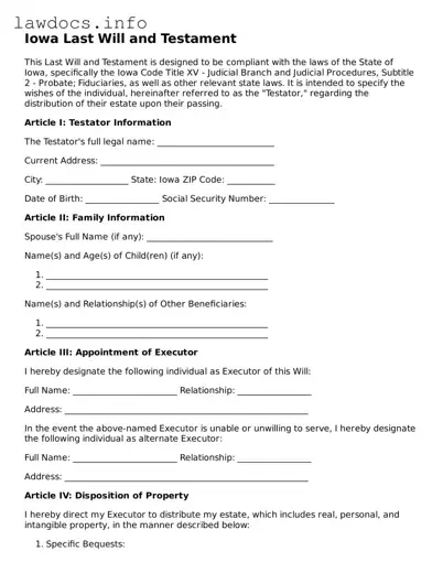 Blank Last Will and Testament Template for the State of Iowa