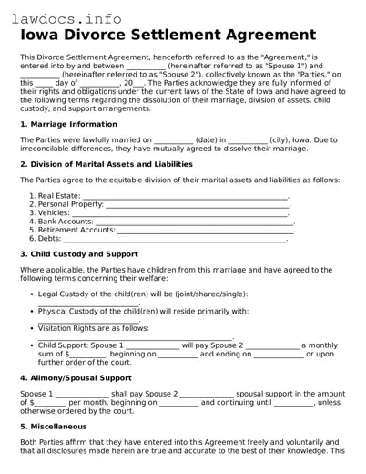 Blank Divorce Settlement Agreement Template for the State of Iowa