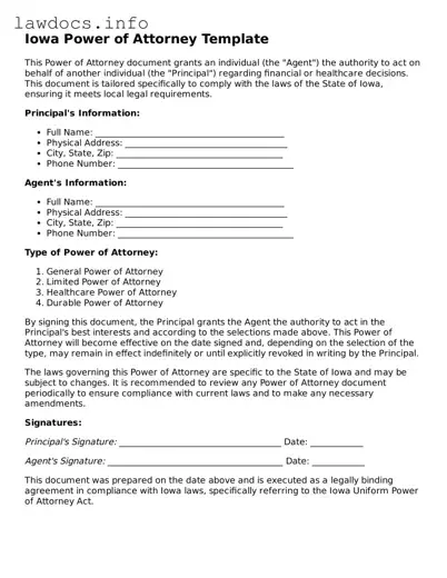 Blank Power of Attorney Template for the State of Iowa