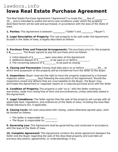 Blank Real Estate Purchase Agreement Template for the State of Iowa