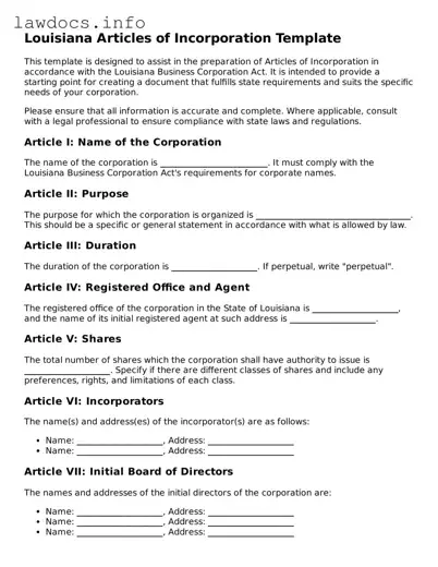 Blank Articles of Incorporation Template for the State of Louisiana