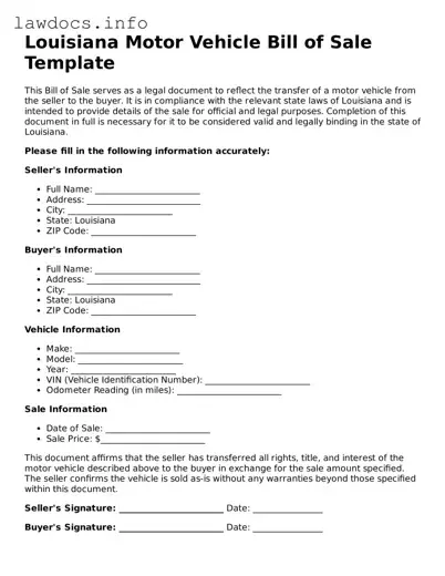 Blank Motor Vehicle Bill of Sale Template for the State of Louisiana
