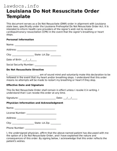 Blank Do Not Resuscitate Order Template for the State of Louisiana