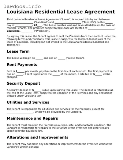 Blank Residential Lease Agreement Template for the State of Louisiana