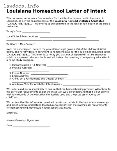Blank Homeschool Letter of Intent Template for the State of Louisiana