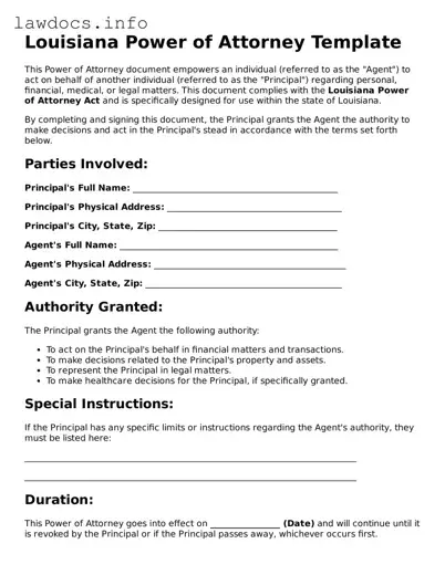 Blank Power of Attorney Template for the State of Louisiana