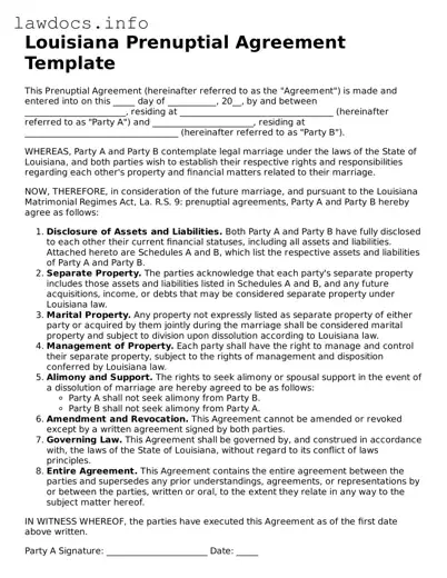 Blank Prenuptial Agreement Template for the State of Louisiana