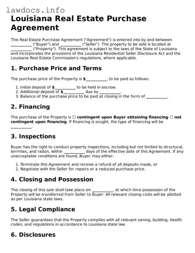 Blank Real Estate Purchase Agreement Template for the State of Louisiana