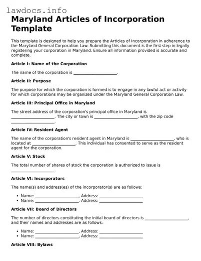 Blank Articles of Incorporation Template for the State of Maryland