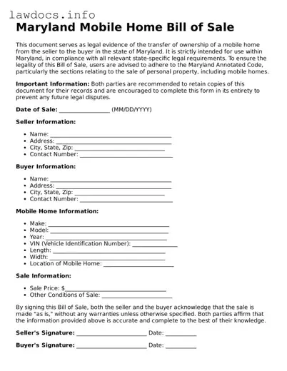 Blank Mobile Home Bill of Sale Template for the State of Maryland