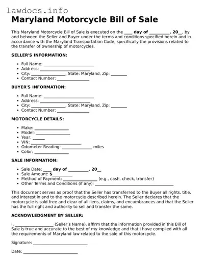 Blank Motorcycle Bill of Sale Template for the State of Maryland
