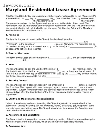 Blank Residential Lease Agreement Template for the State of Maryland