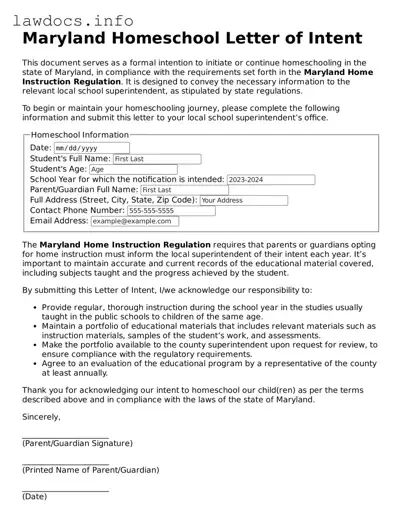 Blank Homeschool Letter of Intent Template for the State of Maryland