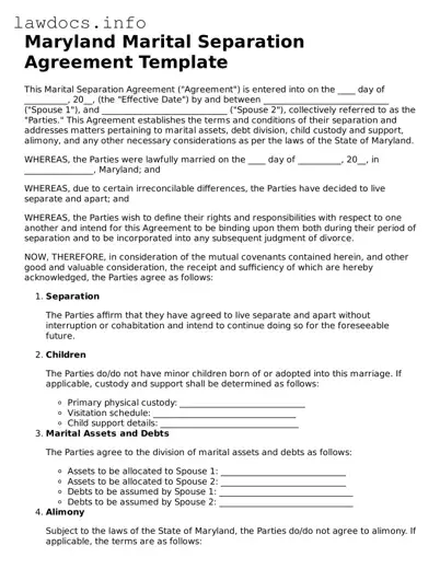 Blank Marital Separation Agreement Template for the State of Maryland