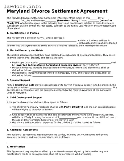 Blank Divorce Settlement Agreement Template for the State of Maryland
