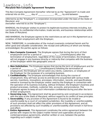 Blank Non-compete Agreement Template for the State of Maryland