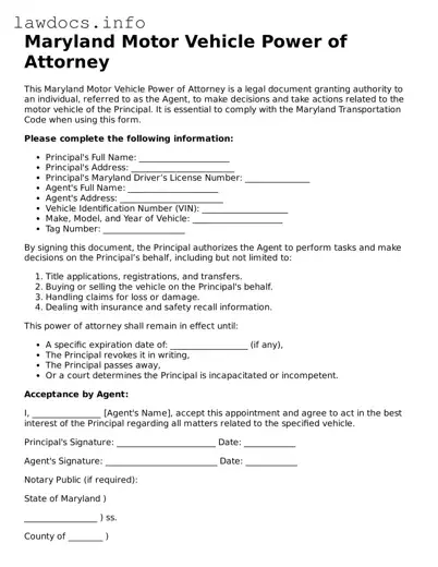 Blank Motor Vehicle Power of Attorney Template for the State of Maryland