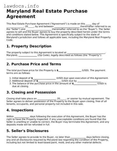 Blank Real Estate Purchase Agreement Template for the State of Maryland