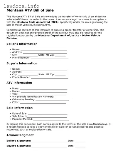 Blank ATV Bill of Sale Template for the State of Montana