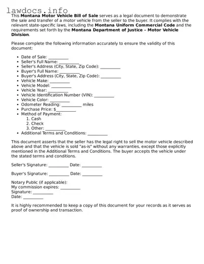 Blank Motor Vehicle Bill of Sale Template for the State of Montana