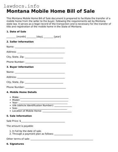 Blank Mobile Home Bill of Sale Template for the State of Montana