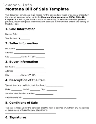 Blank Bill of Sale Template for the State of Montana