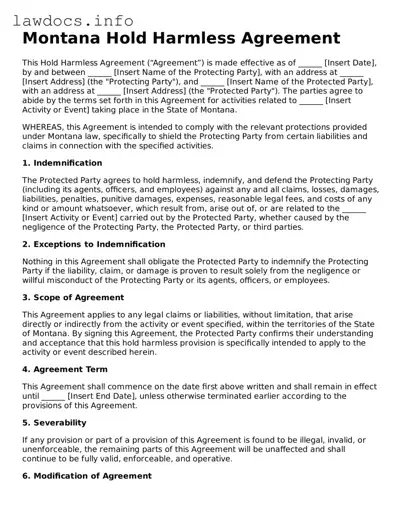 Blank Hold Harmless Agreement Template for the State of Montana