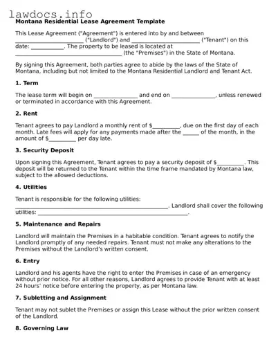 Blank Residential Lease Agreement Template for the State of Montana