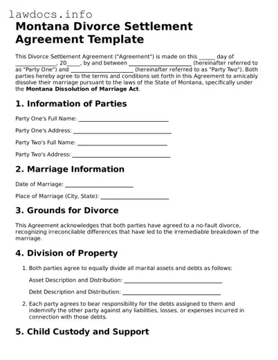 Blank Divorce Settlement Agreement Template for the State of Montana
