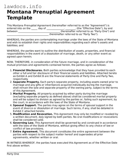 Blank Prenuptial Agreement Template for the State of Montana