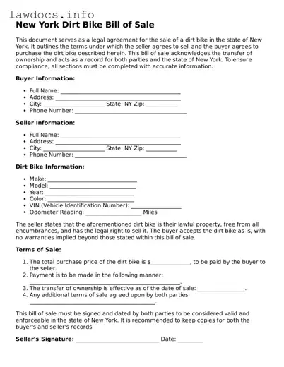 Blank Dirt Bike Bill of Sale Template for the State of New York
