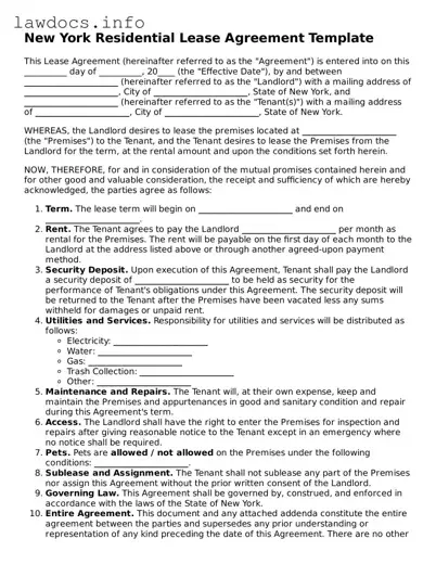 Blank Residential Lease Agreement Template for the State of New York