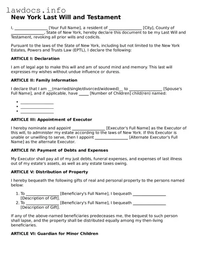 Blank Last Will and Testament Template for the State of New York