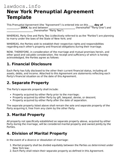 Blank Prenuptial Agreement Template for the State of New York