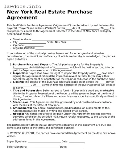 Blank Real Estate Purchase Agreement Template for the State of New York