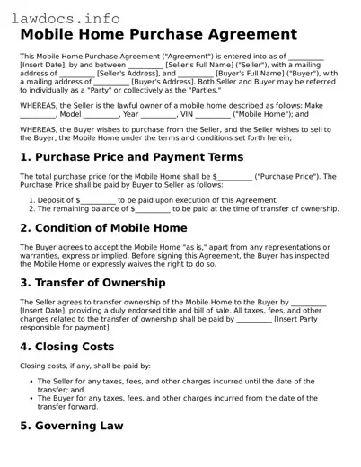 Valid Mobile Home Purchase Agreement Form