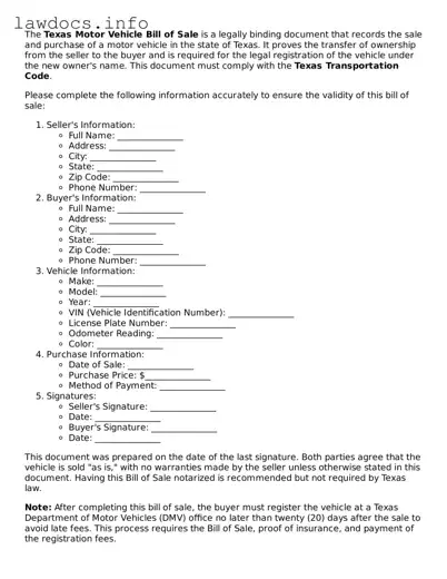 Blank Motor Vehicle Bill of Sale Template for the State of Texas