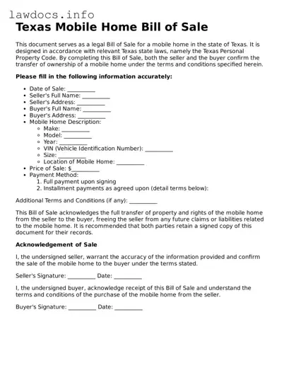 Blank Mobile Home Bill of Sale Template for the State of Texas