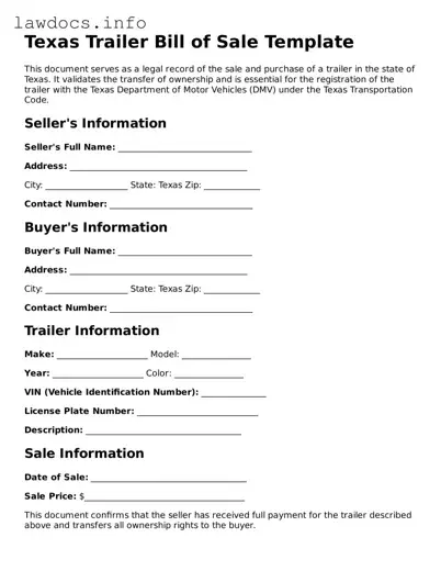 Blank Trailer Bill of Sale Template for the State of Texas