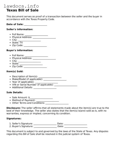 Blank Bill of Sale Template for the State of Texas