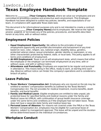 Blank Employee Handbook Template for the State of Texas