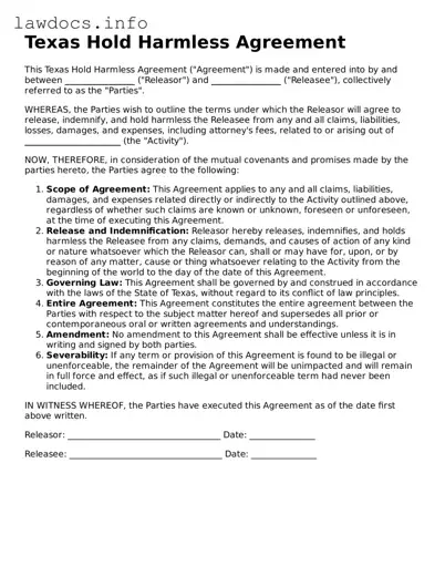 Blank Hold Harmless Agreement Template for the State of Texas