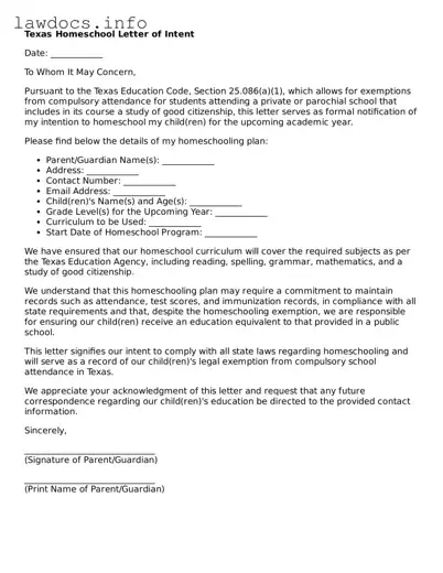 Blank Homeschool Letter of Intent Template for the State of Texas