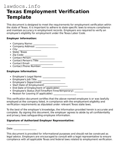 Blank Employment Verification Template for the State of Texas